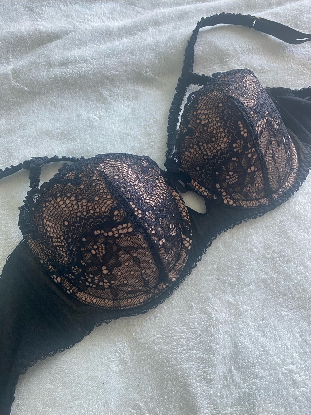 Adore Me Black Lace Overlay Bra with Nude Lining